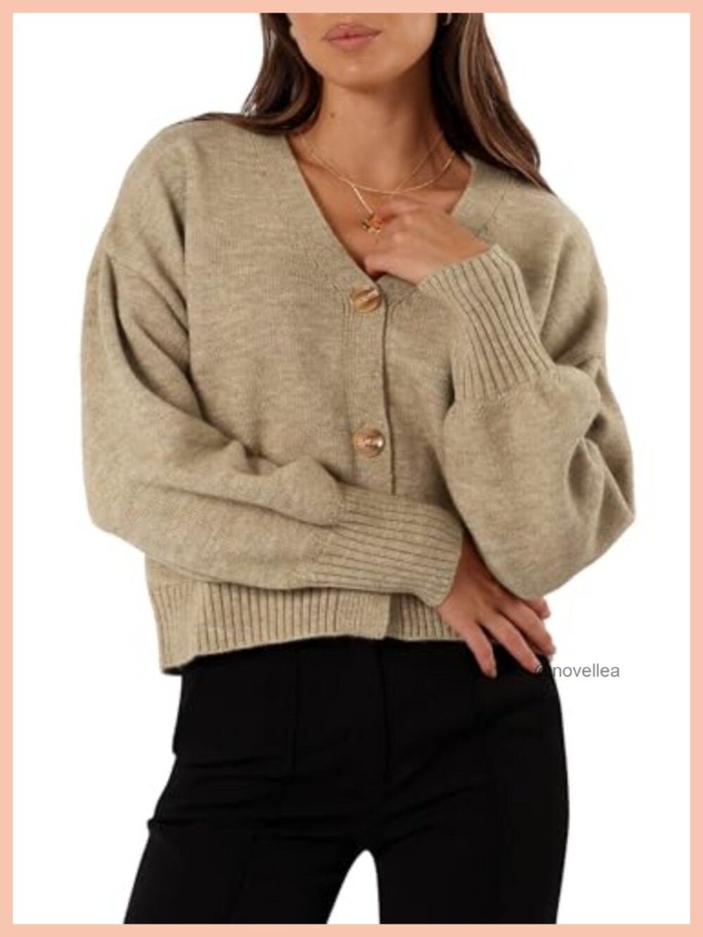 Womens V Neck Cropped Cardigan Lantern Long Sleeve Button Down Knit Sweater